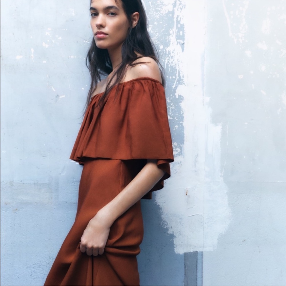 Zara Off Shoulder Linen Blend Ruffle Maxi  Rust Dress Small - Picture 10 of 14